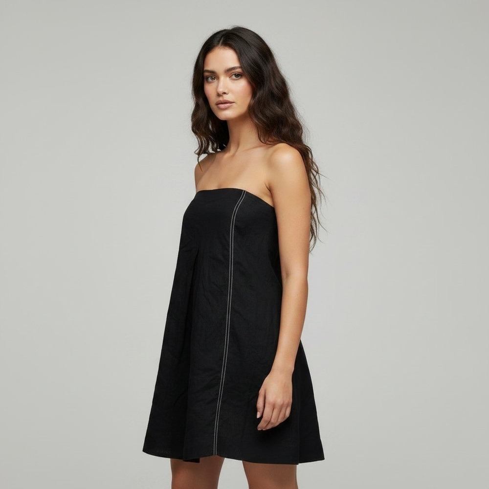 DISSH Black Linen Strapless Mini Dress Contrast Stitching DFS11940BK US 6